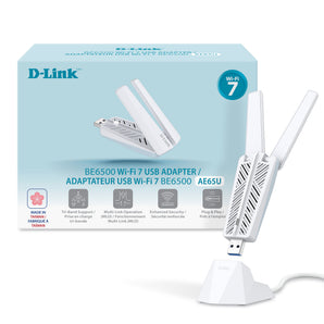 D-Link BE6500 Tri-Band Wi-Fi 7 Wireless USB 3.0 Adapter (AE65U) for Desktop or Laptop PC | 2 x High Gain Antennas, 6GHz, 4K-QAM, 160MHz, WPA3 Enhanced Security, Detachable Cradle, Windows 11, 10