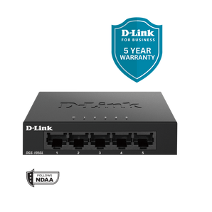 D-Link network switch with 5-year warranty badge on a white background