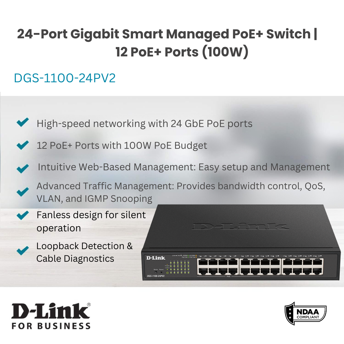 D-Link 24-Port Gigabit Smart Managed PoE+ Switch | 12 PoE+ Ports (100W