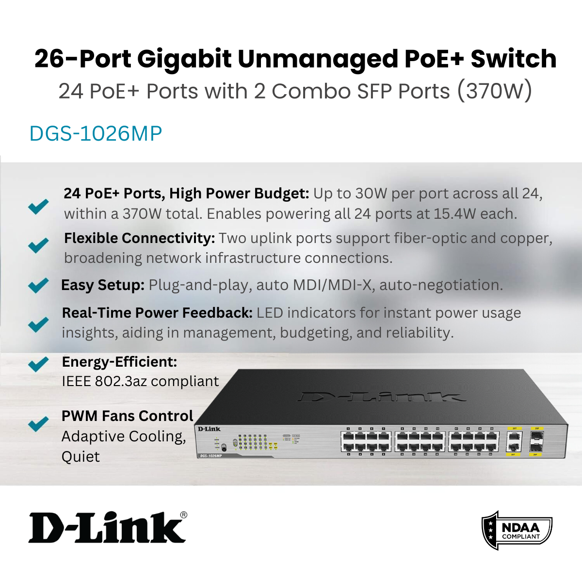 D-Link 26-Port PoE+ Gigabit Unmanaged Switch | 24 PoE + Ports (370W Po