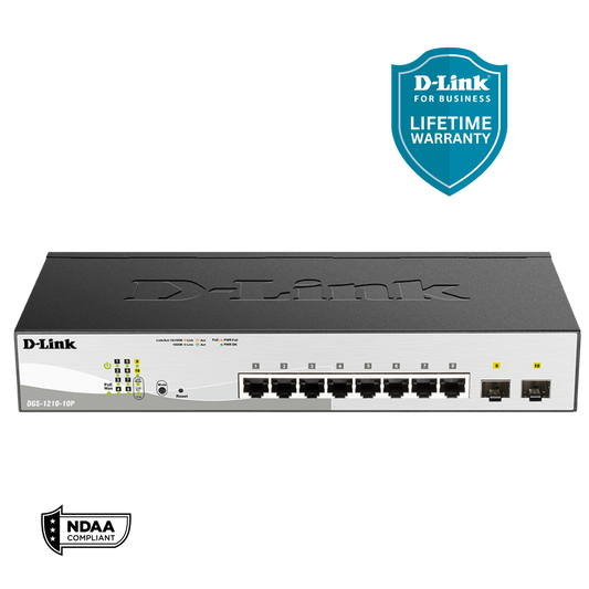 D-Link 10-Port Gigabit Smart Managed PoE+ Switch | 8 PoE+ Ports (65W) + 2 SFP Ports | L2+| Surveillance Mode | Fanless | NDAA Compliant (DGS-1210-10P)