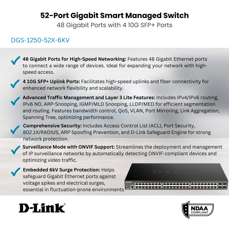 D-Link 52-Port Gigabit Smart Managed Switch | 48 GbE + 4 10G SFP+ Ports | L3 Lite| Web Managed | Surveillance Mode | NDAA Compliant (DGS-1250-52X-6KV)