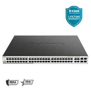 D-Link 52-Port Gigabit Smart Managed PoE+ Switch (DGS-1210-52MP), 48 PoE+ Ports (370W) + 4 Combo SFP Ports. L3 Lite, Follows NDAA/TAA (DGS-1210-52MP)