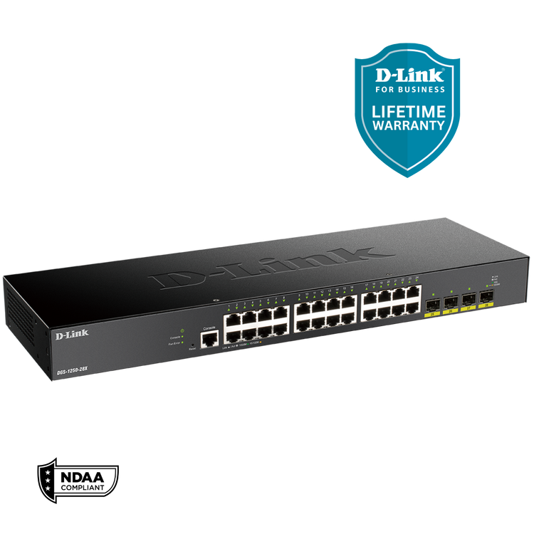 D-Link 28-Port Gigabit Smart Managed Switch | 24 GbE + 4 10G SFP+ Ports | L3 Lite| Web Managed | Surveillance Mode | NDAA Compliant (DGS-1250-28X-6KV)