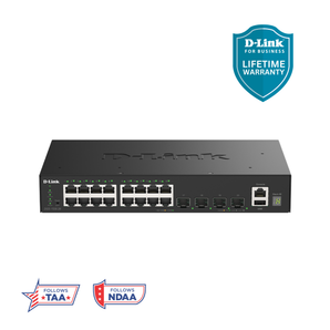 D-Link 20-Port Gigabit Stackable Managed Ethernet Switch 10GbE Uplinks (DGS-1530-20) | 16x 1GbE Ports + 4x 10GbE SFP+ Ports, L3 Lite, VLANs, Fanless, Desktop/Rackmount, Follows NDAA/TAA