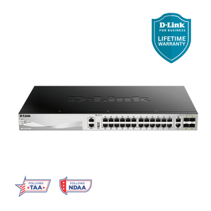 D-Link 30-Port Managed Stackable Switch with 10GbE Ports (DGS-3130-30TS), 24 Gigabit Ports + 2 10GbE Copper Ports + 4 10G SFP+ Uplink Ports, L3, Follows NDAA/TAA