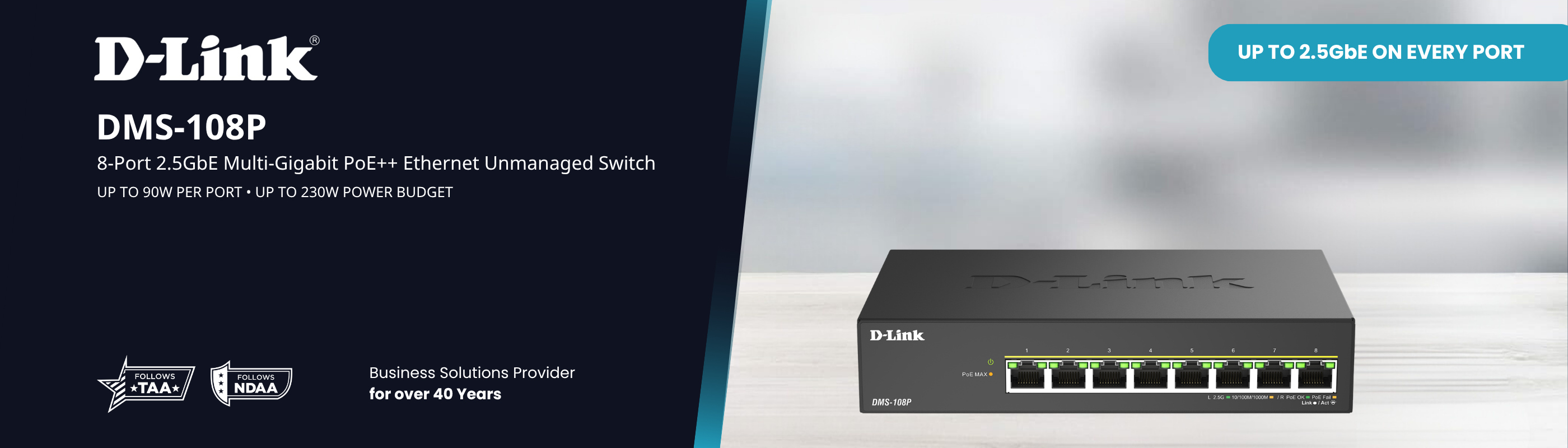D-Link DMS-108P 8-port 2.5GbE multi-gigabit PoE+ Ethernet unmanaged switch shown on a promotional banner with product specs and logos on the left.