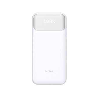 White D-Link 20000mAh power bank with digital display on a white background
