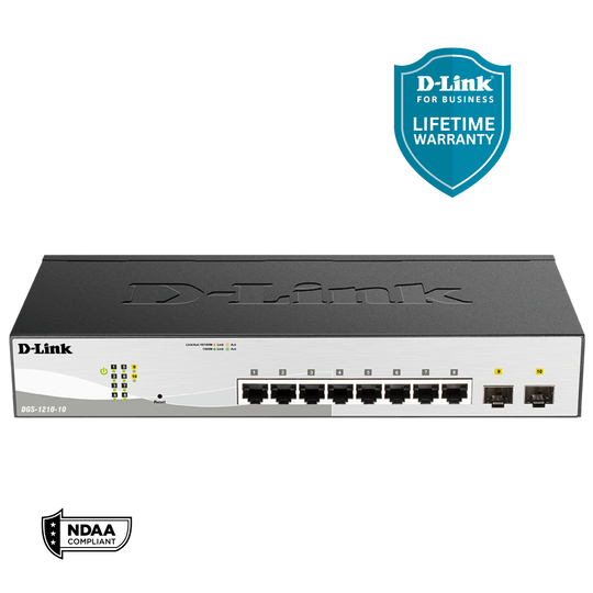 D-Link 10-Port Gigabit Smart Managed Switch | 8 GbE + 2 Optical SFP Ports| L2+| Web Managed| Optional Nuclias Connect |Surveillance Mode | NDAA Compliant(DGS-1210-10)