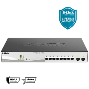 D-Link 10-Port Gigabit Smart Managed PoE+ Switch (DGS-1210-10MP) 8 PoE+ Ports (130W) + 2 Optical SFP Ports | L3 Lite | NDAA/TAA Compliant