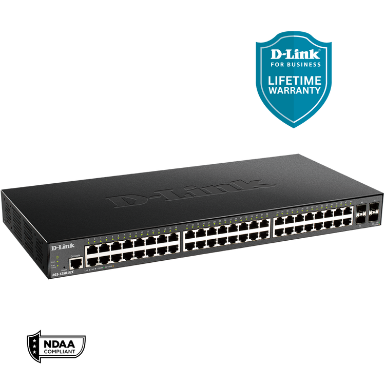 D-Link 52-Port Gigabit Smart Managed Switch | 48 GbE + 4 10G SFP+ Ports | L3 Lite| Web Managed | Surveillance Mode | NDAA Compliant (DGS-1250-52X-6KV)