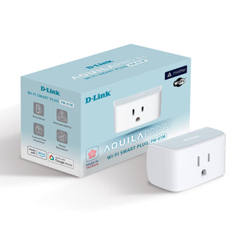 D-Link Wi-Fi Smart Plug (PM-01M) AQUILA PRO AI and Matter Supported and its packaging on a white background