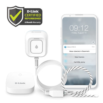 D-Link Aqualung Pro AI water leak detector kit shown with a smartphone displaying the companion app, a white leak sensor, a white power adapter, a braided cable, and a D-Link certified refurbished badge on a white background.