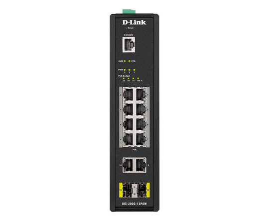 D-Link 12-Port Gigabit Smart Managed Industrial PoE Switch-Wide Temp-240W PoE Budget - (DIS-200G-12PSW)