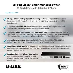 D-Link 28-Port Gigabit Smart Managed Switch | 24 GbE + 4 Combo SFP Ports| L3 Lite| Web Managed| Optional Nuclias Connect |Surveillance Mode | NDAA Compliant (DGS-1210-28)