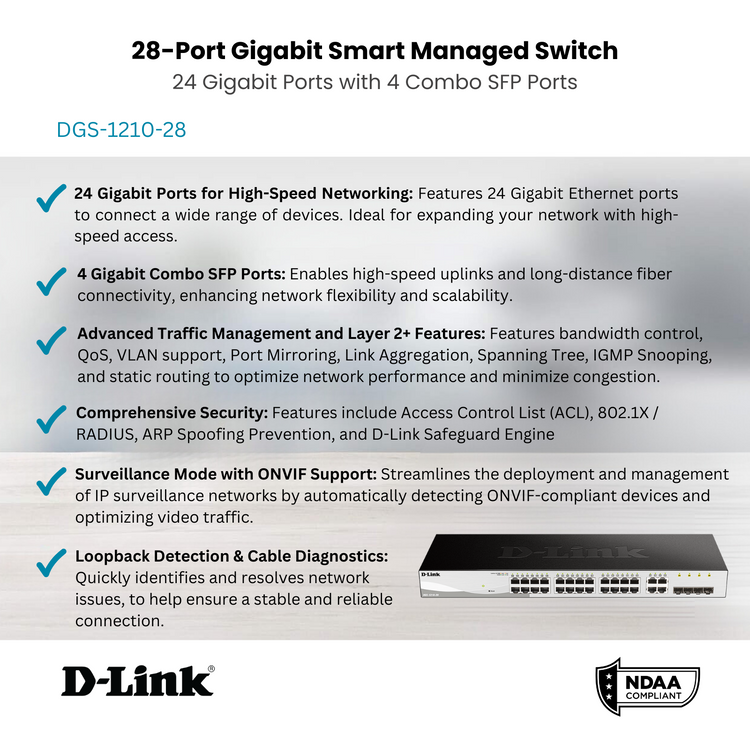 D-Link 28-Port Gigabit Smart Managed Switch | 24 GbE + 4 Combo SFP Ports| L2+| Web Managed| Optional Nuclias Connect |Surveillance Mode | NDAA Compliant (DGS-1210-28)