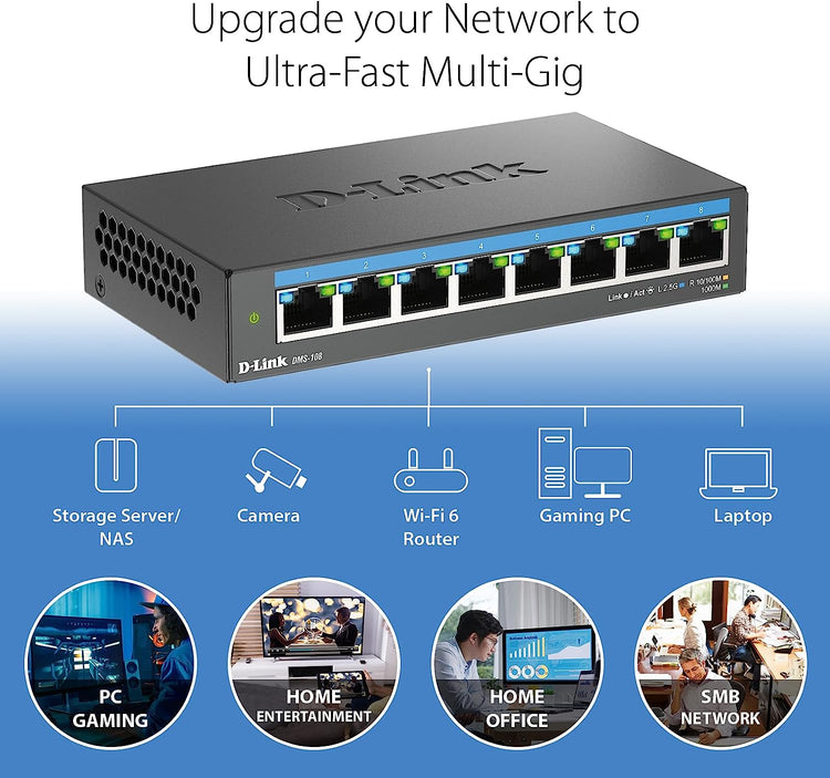 D-Link 8-Port 2.5Gb Unmanaged Gaming Switch with 8 x 2.5G - Multi-Gig, Network, Fanless, Plug & Play - (DMS-108)