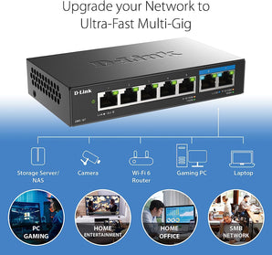 D-Link 7-Port Multi-Gigabit (2.5Gb) Unmanaged Ethernet Switch | 2 x 2.5 Gb, 5 x 10/100/1000Mbps Ports - (DMS-107)