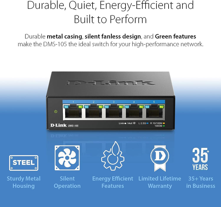 D-Link 5-Port 2.5Gb Unmanaged Gaming Switch with 5 x 2.5Gb - Multi-Gig, Network, Fanless, Plug & Play - (DMS-105)
