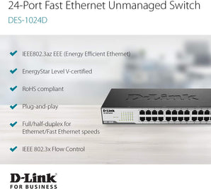 D-Link 24-Port Fast Ethernet Unmanaged/Plug and Play Switch | Fanless | Desktop/Rackmount - (DES-1024D)