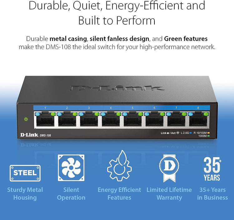 D-Link 8-Port 2.5Gb Unmanaged Gaming Switch with 8 x 2.5G - Multi-Gig, Network, Fanless, Plug & Play - (DMS-108)