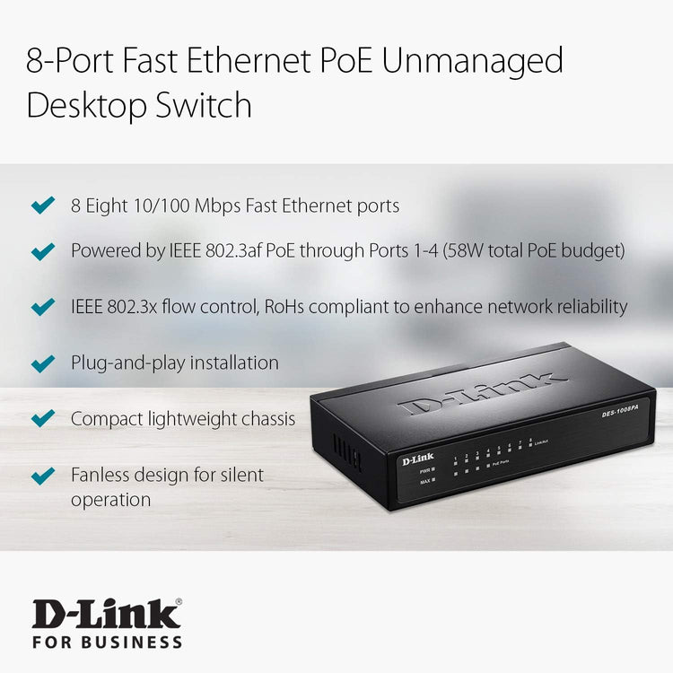 D-Link 8-Port Fast Ethernet PoE Unmanaged/ Plug and Play Switch | 4 PoE Ports, 58W PoE Budget | Metal Compact Desktop Switch - (DES-1008PA)
