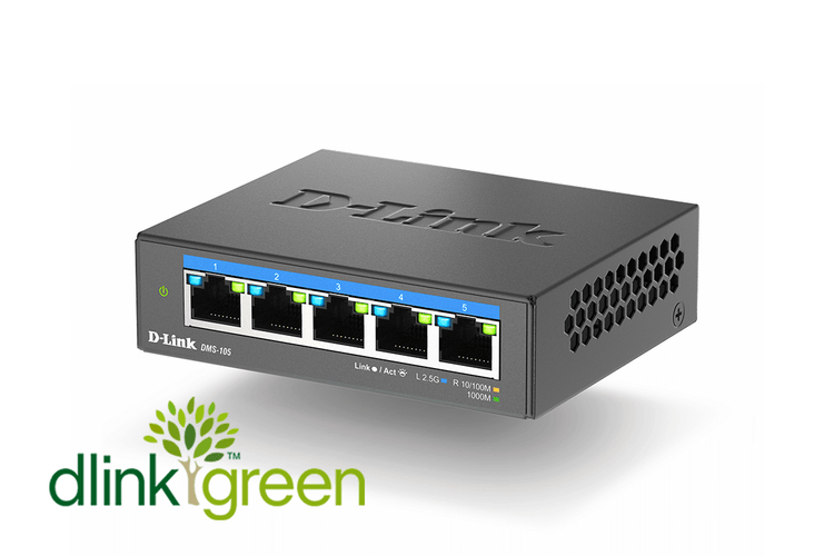 D-Link 5-Port 2.5Gb Unmanaged Gaming Switch with 5 x 2.5Gb - Multi-Gig, Network, Fanless, Plug & Play - (DMS-105)