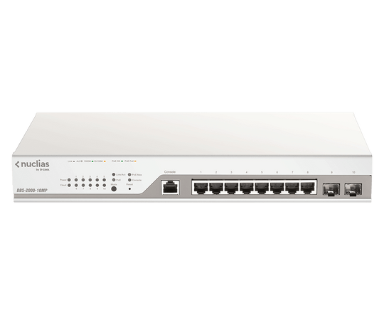 D-Link 10-Port Nuclias Gigabit Ethernet (8xGigE ports & 2xGig SFP Combo ports) Cloud-Managed (130 Watt) PoE Switch - (DBS-2000-10MP)