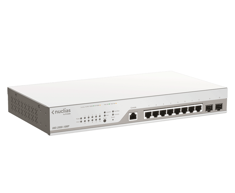 D-Link 10-Port Nuclias Gigabit Ethernet (8xGigE ports & 2xGig SFP Combo ports) Cloud-Managed (130 Watt) PoE Switch - (DBS-2000-10MP)