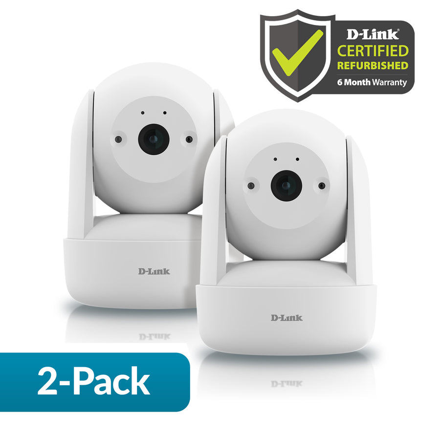 2-Pack of D-Link DCS-6501LH/RE Pan and Tilt Wi-Fi Cameras on a white back ground with 2-Pack badge and D-Link Certified Refurbish 6 Month Warranty badge