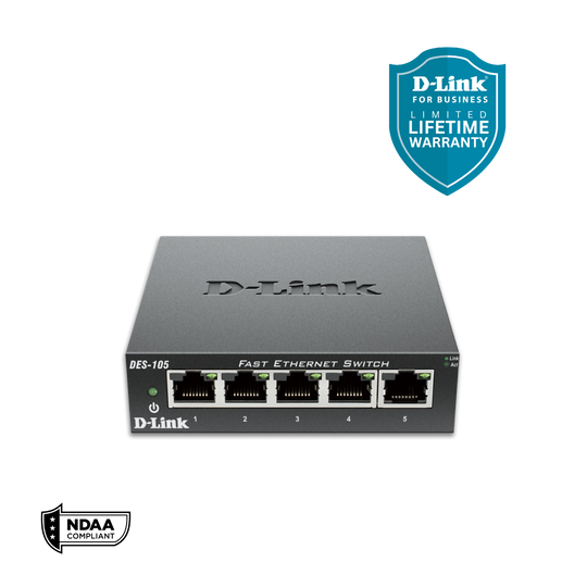 D-Link 5-Port Fast Ethernet Unmanaged/Plug and Play Switch | Fanless |Metal Compact Desktop - (DES-105)