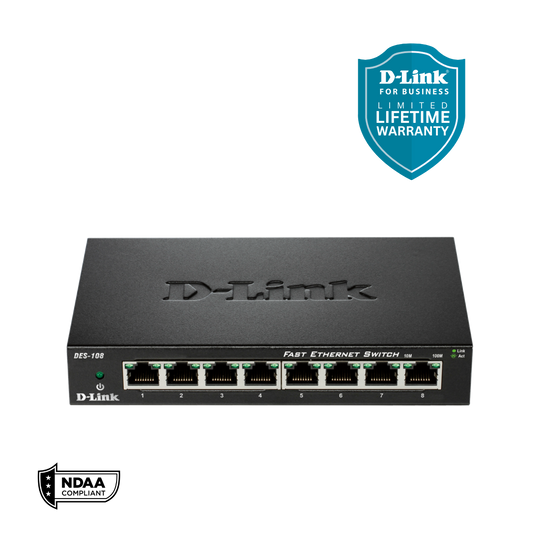 D-Link 8-Port Fast Ethernet Unmanaged/Plug and Play Switch | Fanless | Metal Compact Desktop - (DES-108)