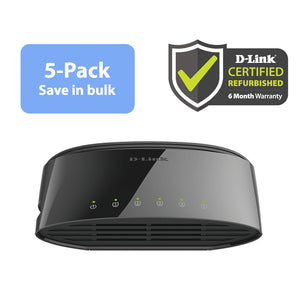 D-Link wireless router shown on a white background with a blue '5-Pack Save in bulk' badge and a 'D-Link Certified Refurbished 6 Month Warranty' shield icon above it.