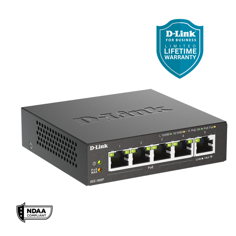 D-Link 5-Port Gigabit PoE+ Unmanaged/Plug and Play Switch | 4 PoE+ Ports (60W Total PoE Budget) | Fanless | Metal Compact Desktop - (DGS-1005P)