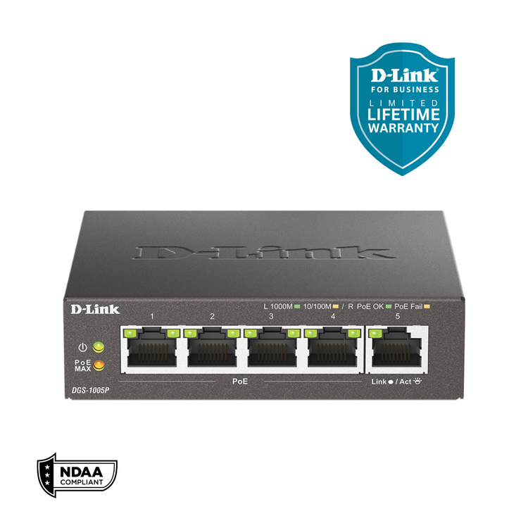 D-Link 5-Port Gigabit PoE+ Unmanaged/Plug and Play Switch | 4 PoE+ Ports (60W Total PoE Budget) | Fanless | Metal Compact Desktop - (DGS-1005P)