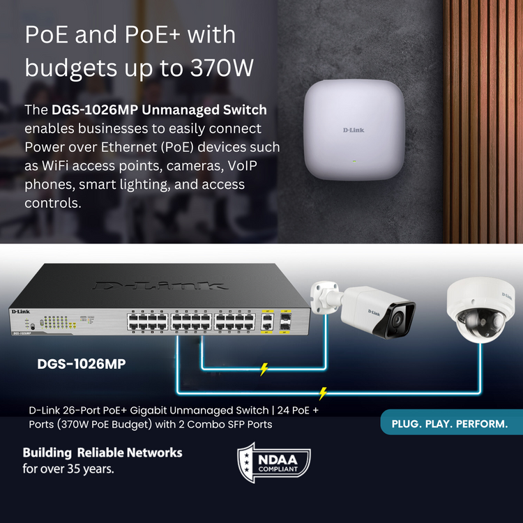 D-Link 26-Port PoE+ Gigabit Unmanaged Switch | 24 PoE + Ports (370W PoE Budget) with 2 Combo SFP Ports | Rack Mountable | NDAA Compliant - (DGS-1026MP)