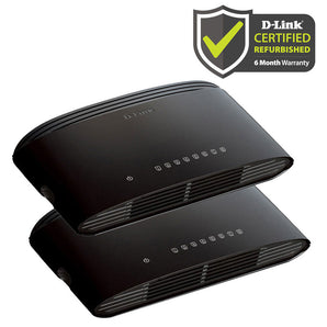 Two [Certified Refurbished] D-Link 8-Port Gigabit Ethernet Switches with a certified refurbished logo on a white background
