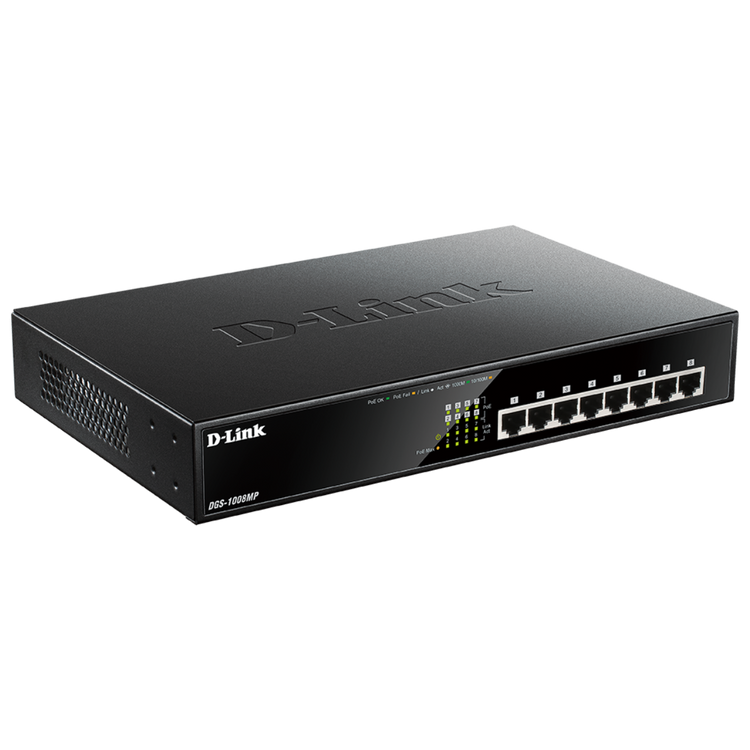 D-Link 8-Port Gigabit PoE+ Unmanaged/Plug and Play Switch | 8 PoE+ Ports (125W PoE Power Budget) | Desktop/Rackmount | Fanless - (DGS-1008MP)