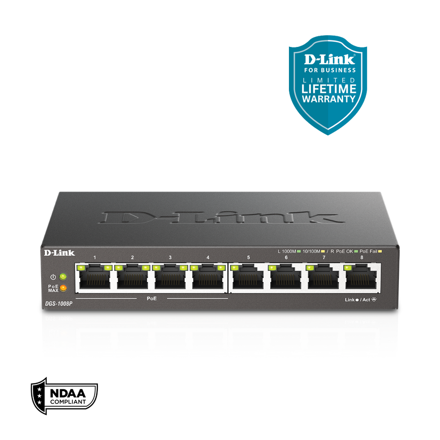 D-Link 8-Port Gigabit PoE+ Unmanaged/Plug and Play Switch (DGS-1008P) 4 PoE+ Ports (60W Total PoE Budget) | Fanless | Metal Compact Desktop