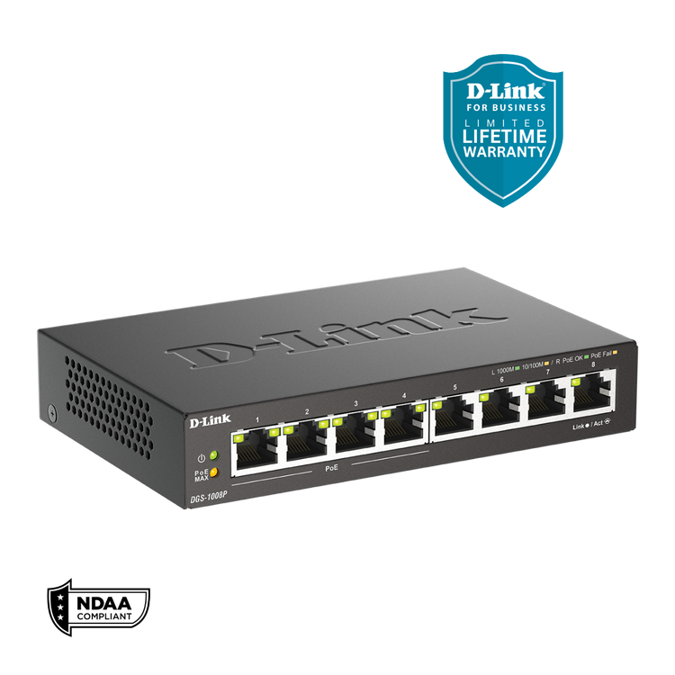D-Link 8-Port Gigabit PoE+ Unmanaged/Plug and Play Switch | 4 PoE+ Ports (60W Total PoE Budget) | Fanless | Metal Compact Desktop - (DGS-1008P)