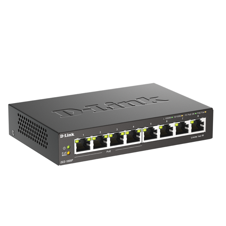 D-Link 8-Port Gigabit PoE+ Unmanaged/Plug and Play Switch | 4 PoE+ Ports (60W Total PoE Budget) | Fanless | Metal Compact Desktop - (DGS-1008P)