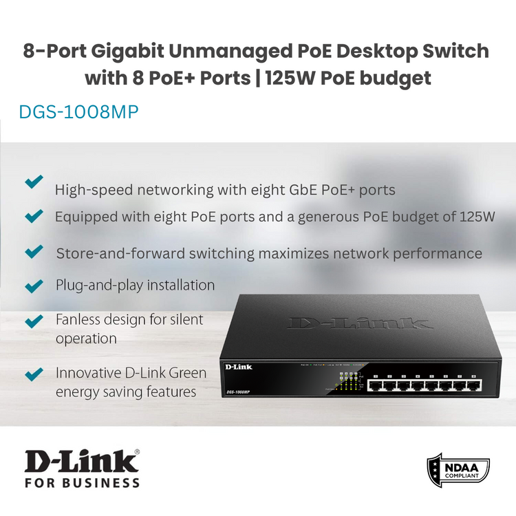 D-Link 8-Port Gigabit PoE+ Unmanaged/Plug and Play Switch | 8 PoE+ Ports (125W PoE Power Budget) | Desktop/Rackmount | Fanless - (DGS-1008MP)