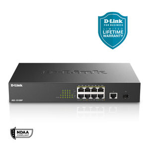 D-Link 10-Port Gigabit PoE+ Unmanaged/Plug and Play Switch | 8 PoE+ Ports (125W) + 1 GbE & 1 SFP Port | Fanless | Desktop/Rackmount - (DGS-1010MP)