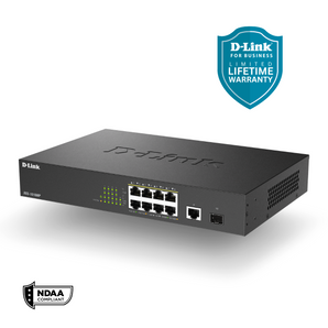 D-Link 10-Port Gigabit PoE+ Unmanaged/Plug and Play Switch | 8 PoE+ Ports (125W) + 1 GbE & 1 SFP Port | Fanless | Desktop/Rackmount - (DGS-1010MP)