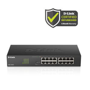 [Certified Refurbished] D-Link 16-Port Gigabit Unmanaged Ethernet Switch (DGS-1016D/RE) with D-Link certification badge on a white background