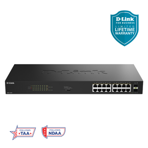 D-Link 16-Port Gigabit PoE+ Unmanaged Switch with 2 SFP Ports (DGS-1018P) – 240W Budget, 30W/Port, Plug-and-Play, Onboard Controls, QoS, Smart Fan, Follows NDAA/TAA