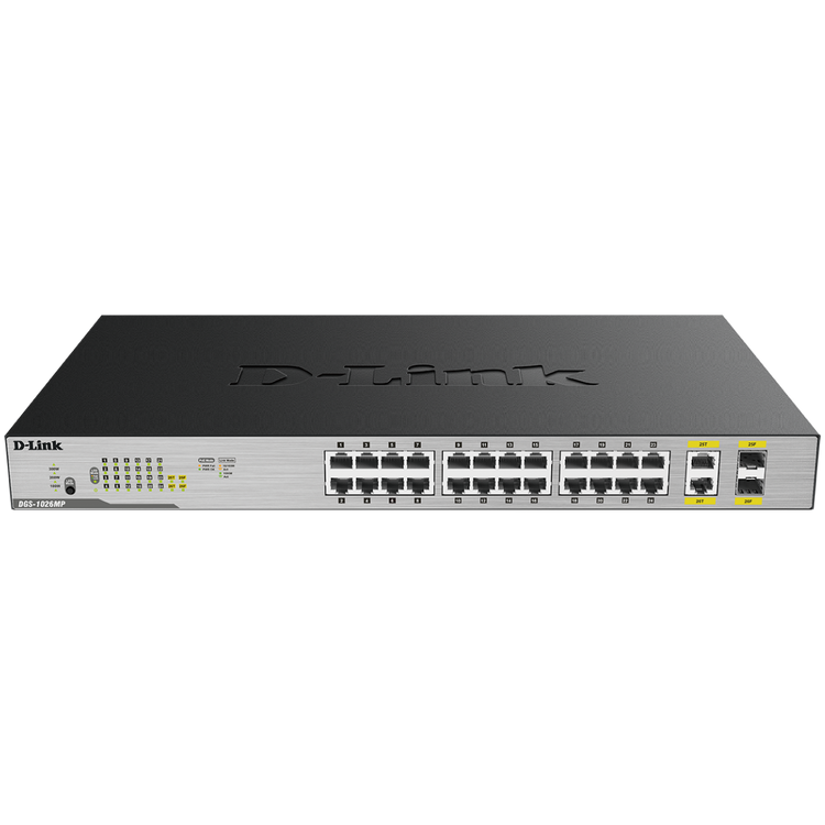 D-Link 24-Port PoE+ Gigabit Unmanaged Switch (370W PoE Budget) with 2 Combo SFP Ports, Rack Mountable - (DGS-1026MP)