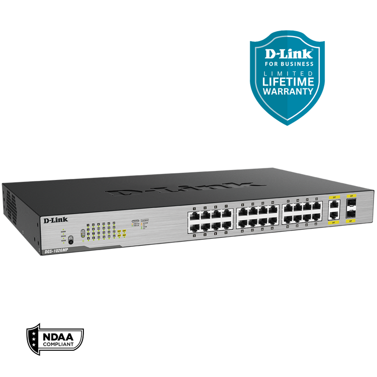 D-Link 24-Port PoE+ Gigabit Unmanaged Switch (370W PoE Budget) with 2 Combo SFP Ports, Rack Mountable - (DGS-1026MP)