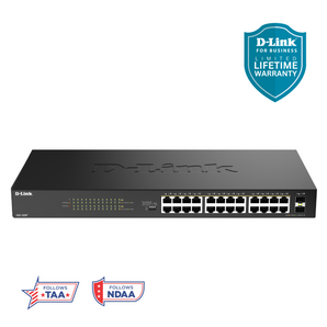 D-Link 24-Port Gigabit PoE+ Unmanaged Switch with 2 SFP Ports (DGS-1026P) – 240W Budget, 30W/Port, Plug-and-Play, Onboard Controls, QoS, Smart Fan, Follows NDAA/TAA