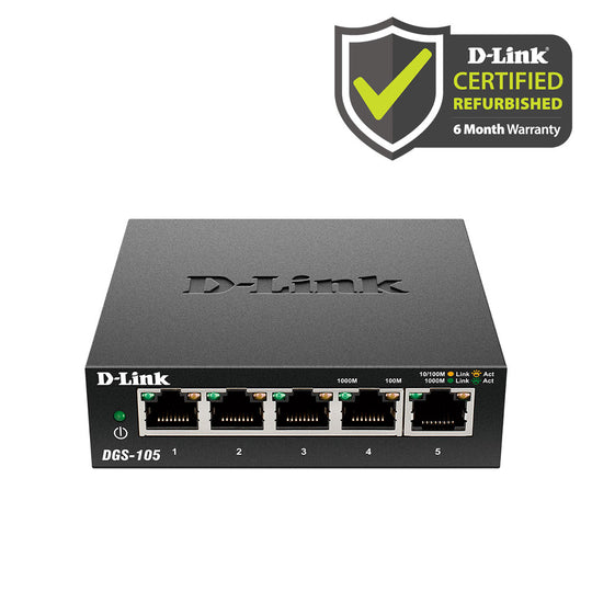 [Certified Refurbished] D-Link 5-Port Gigabit Unmanaged/Plug and Play Switch | Fanless | Metal Compact Desktop - (DGS-105/RE)